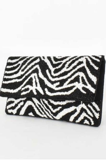 Beaded Zebra Clutch - Flap Over Monochrome