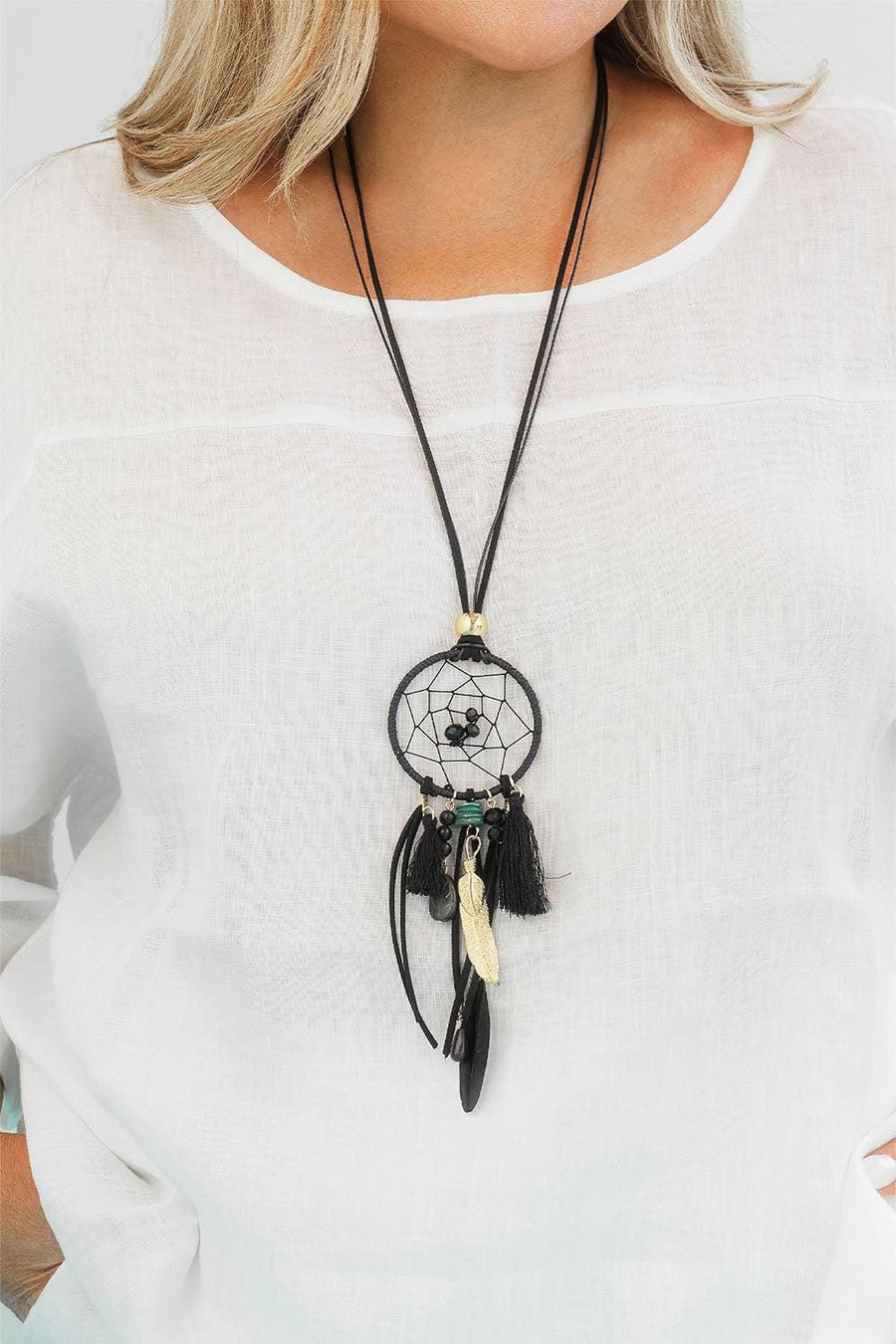 Dream Catcher Faux Suede Necklace With Gold Hardware